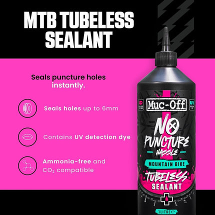 Muc-Off 822 No Puncture Hassle Tubeless Sealant, 1 Litre - Advanced Bicycle Tyre Sealant with UV Tracer Dye that Seals Tears and Holes Up to 6mm