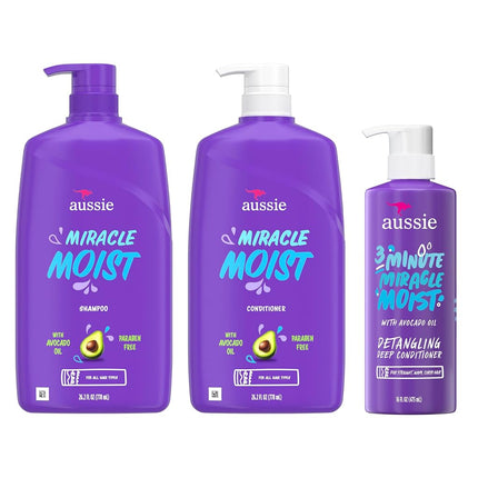Lot shampooing, après-shampooing et masque capillaire revitalisant intense Aussie Miracle Moist 3 Minute Miracle, infusé d'avocat et d'huile de jojoba australienne, sans parabènes