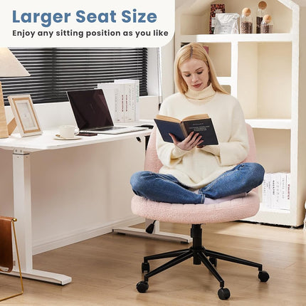 DUMOS Criss Cross Chair with Wheels, Wide Cross Legged Office Desk Vanity Chairs, Armless Adjustable Swivel Chairs for Home Computer Task, Teddy Pink