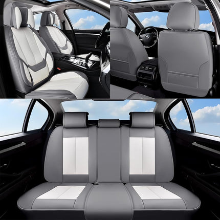 Coverado Seat Covers Full Set, 5 Seats Seat Covers for Cars, Waterproof Nappa Leather Car Seat Covers with Head Pillow, Seat Protectors Car Seat Cushion Universal Fit for Most Cars (Gray&White)