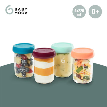 Babymoov Glass Babybols, Set of 4 x 220 ml Food Storage Containers - Airtight & Rewritable Lids