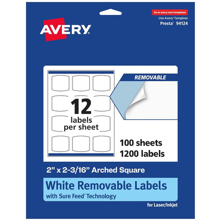 Avery Matte White Removable Arched Square Labels with Sure Feed Technology, Print-to-The-Edge, 2" x 2-3/16", 1,200 Removable Labels, Laser/Inkjet Printable Labels