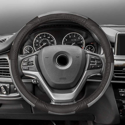 Funda de volante de cuero auténtico FH Group Universal Fit Deluxe de grano completo, compatible con la mayoría de coches, SUV y camiones, gris y negro