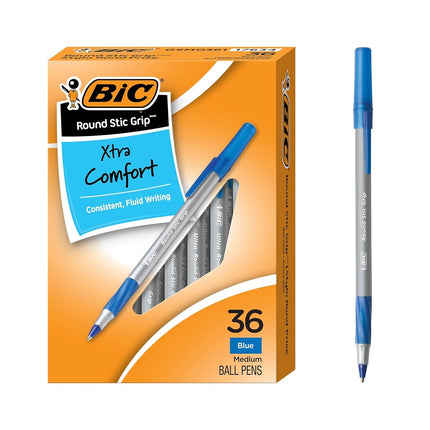 BIC Round Stic Grip Xtra Comfort Ball Pen, Medium Point (1.2 mm), Blue, 36-Count
