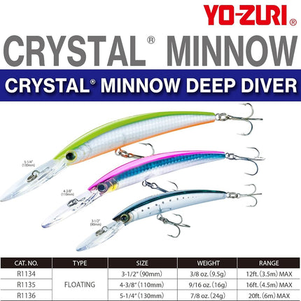 Yo-Zuri Crystal Minnow Deep Diver, Floating, 5-1/4 Inch, 130mm, Bone