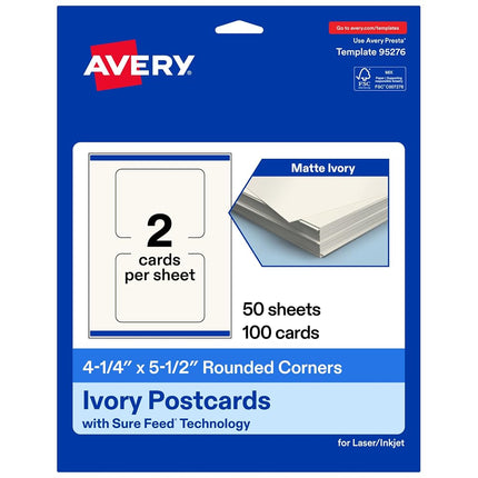 Avery Printable Rectangle Rounded Corner Postcards with Sure Feed Technology, 4.25" x 5.5", Ivory Cardstock, Print-to-the-Edge, Laser/Inkjet Cards, 100 Total