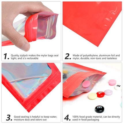 Funfery 100pcs Red Mylar Holographic Bags-Resealable Zipper&Clear Window