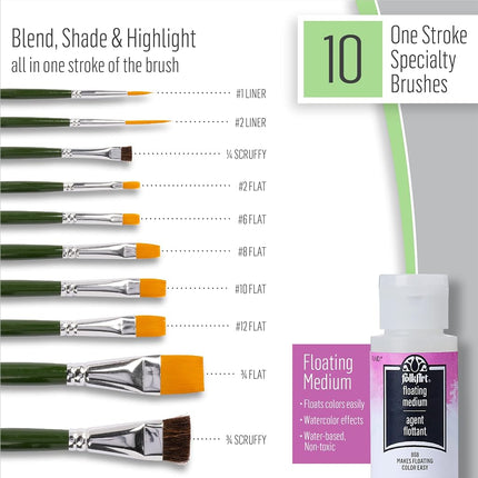 FolkArt Birds & Blossoms 2 oz One Stroke Acrylic Kit, 32 Piece Set Including 12 Multi-Surface Paints, 10 Brushes, 6 Teaching Guides, 3 Pattern Sheets & 1 2 fl oz Floating Medium