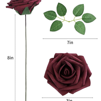 DuHouse 25Pcs Artificial Roses Flowers Fake Rose with Stems Real Touch Foam Flower Head for DIY Wedding Bridal Bouquet Baby Shower Centerpiece Floral Arrangement Party Home Decor(Burgundy)