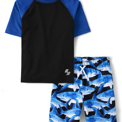 The Children's Place Boys' Short Sleeve Rash Guard and Swim Trunk, 2 Pc Set, Shark, Small