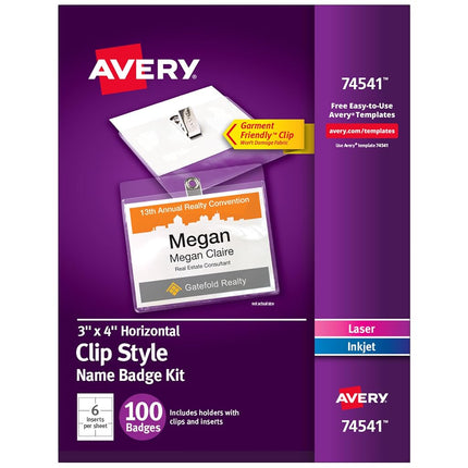 Credenciales Avery de carga superior tipo clip, amigables con la ropa, de 3" x 4", 100 credenciales, paquete de 5 estuches (5007771174541)