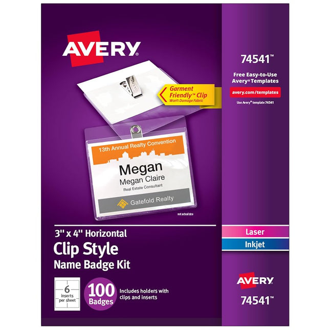 Avery Top-Loading Garment-Friendly Clip-Style Name Badges, 3" x 4", 100 Badges, Case Pack of 5 (5007771174541)