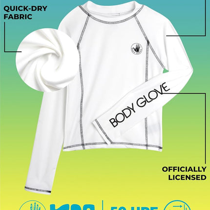 Body Glove Boys Swim Shirt - UPF 50+ Sun Protection Quicky Dry Long Sleeve Rash Guard for Boys Youth Kids Swimwear (5-14), White Long Sleeve, 14