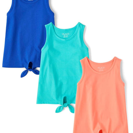The Children's Place Girls' Sleeveless Tie Front Tank Tops 3 Pack, Blue/Teal/Orange, Large