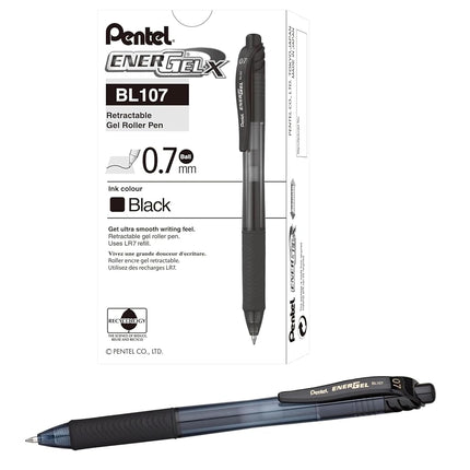 Pentel EnerGel-X Retractable Pen, 0.7 mm Tip - Black, Pack of 12, BL107-A