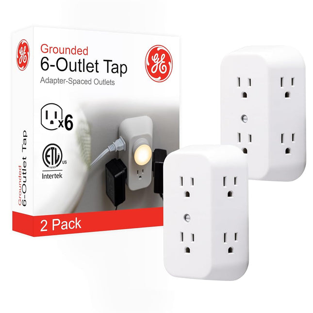 GE 6-Outlet Extender, 2 Pack, Grounded Wall Tap, Adapter Spaced Outlets, 3-Prong, Quick and Easy Install, UL Listed, White, 40222