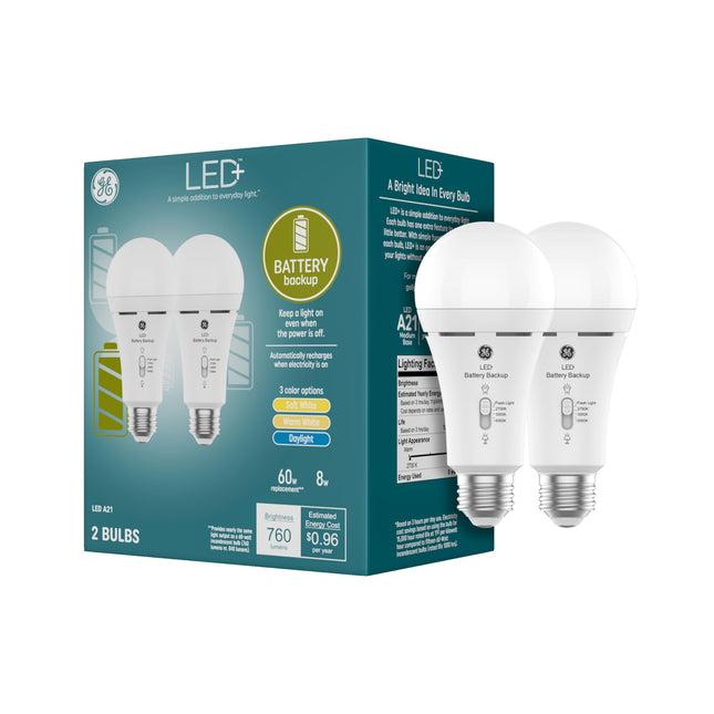 GE LED+ Backup Battery LED Light Bulbs, A21 Rechar