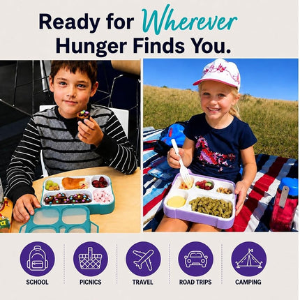 kinsho Bento Lunch Box Kids & Adult: Leakproof Lunch Containers for Boys & Girls with 6 Compartments - School, Daycare, Meal Planning Portion Control Container, BPA-Free Boxes, Utensils | Purple Teal