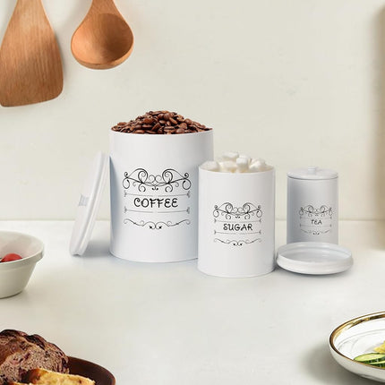 ChicHabitat – Lot de 3 boîtes de cuisine, contenants alimentaires pour comptoir, grands contenants hermétiques pour café, sucre, thé avec couvercles, décor de ferme blanc