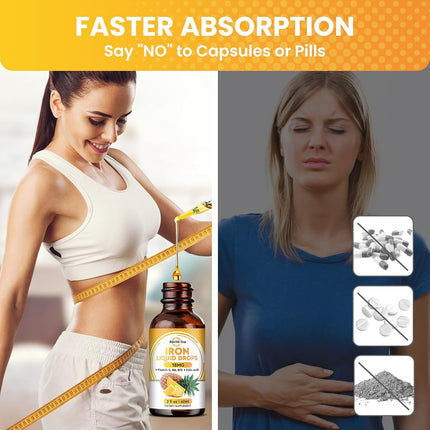 2 Pack Liquid Iron Supplement for Women, Men & Kids, Liquid Iron Drops with Folate, Vitamin C, B6, B12 for Anemia, Red Blood Cell, Energy Support, Pineapple Flavor