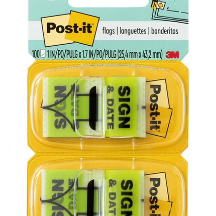 Post-it Sign and Date Flags, 50/Dispenser, 2 Dispensers/Pack, 1 in Wide, Bright Green (680-SD2)