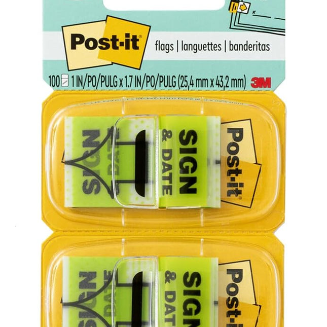 Post-it Sign and Date Flags, 50/Dispenser, 2 Dispensers/Pack, 1 in Wide, Bright Green (680-SD2)