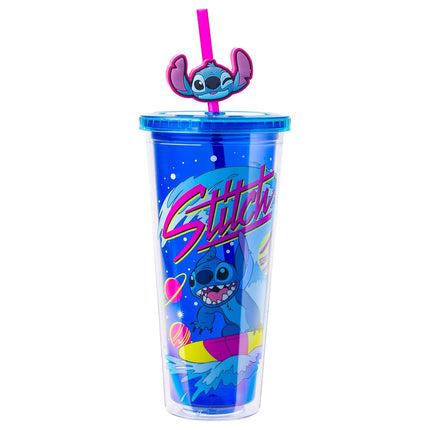Vaso de plástico frío Silver Buffalo Disney Lilo & Stitch Cosmic Surfer con tapa y adorno para pajilla, 709 ml