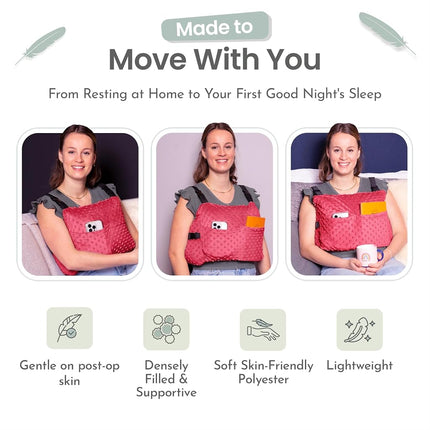 MOYOAMA Post Mastectomy Pillow – Hands-Free Protection with Secure Strap & Easy-Clean Washable Cover Breast Surgery Must Haves,Breast Reduction Recovery Supplies,Breast Augmentation, Bloom Red