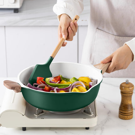 Country Kitchen Pots and Pans Set Nonstick, Cast Aluminum Kitchen Cookware Set with Utensils, 14 Pcs Non Stick Cooking Set w/Frying Pans & Saucepans, Sage