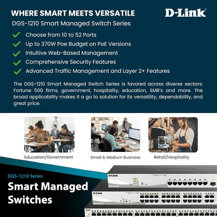D-Link DGS-1210-10 10-Port Gigabit Smart Managed Switch with 2 SFP ports, Surveillance Mode Interface, Fibre Uplink Ports, Enhanced Layer 2 Management