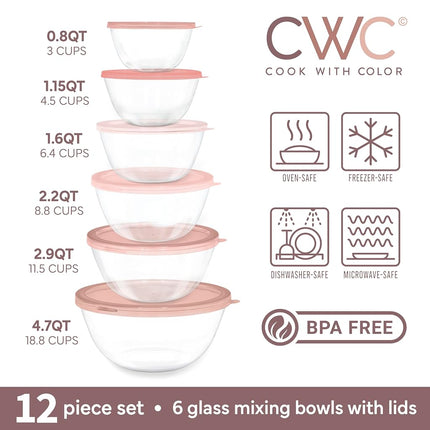 Ensemble de 12 bols mélangeurs en verre Cook with Color avec couvercles – Bols gigognes en verre borosilicate pour la cuisine, la pâtisserie et la préparation des repas, rose