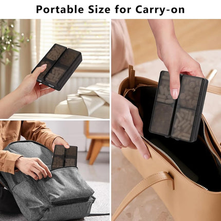 FYY Daily Pill Organizer,2 Pcs 7 Compartments Portable Pill Case Travel Pill Organizer,[Folding Design]Pill Box for Purse Pocket to Hold Vitamins,Cod Liver Oil,Supplements and Medication-Clear Black