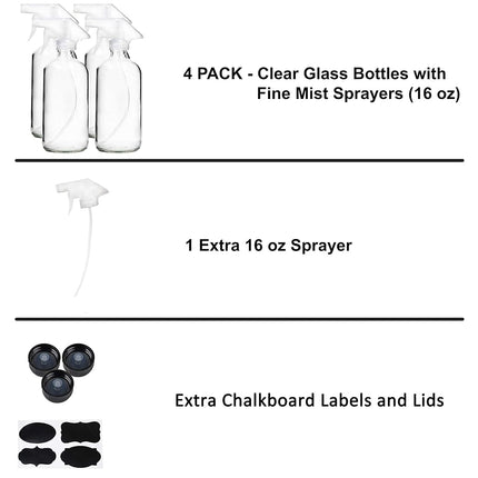Youngever 4 Pack 480ml Empty Glass Spray Bottle,16 Ounce Clear Glass Spray Bottle for Essential Oils with Extra Durable Trigger Sprayers