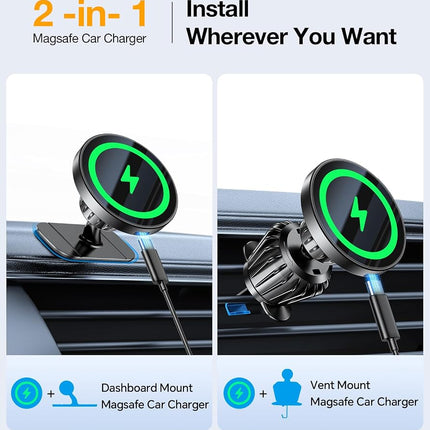Kaistyle MagSafe Car Mount Charger for iPhone 12/13/14 Pro Max, Mini, Magsafe Cases, Android Phones - Strong Magnetic, Super Stick Force, Safe Driving View, 360° Rotation