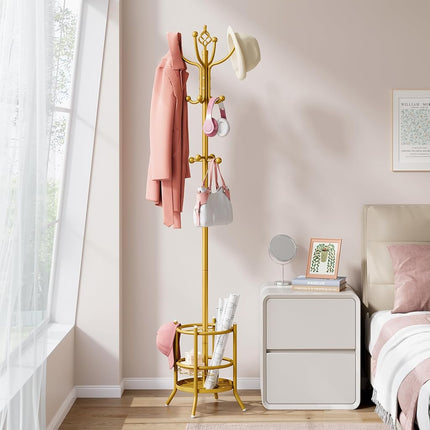 Tajsoon Coat Rack with Umbrella Holder, Coat Tree With 16 Hooks, Gold