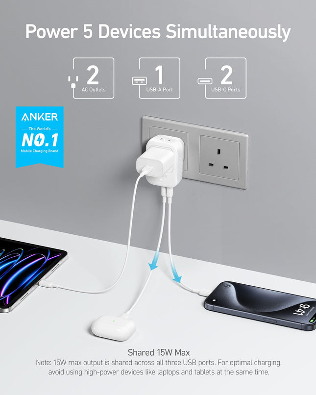 Anker Travel Adapter, 2 Pack, Type G Adapter for Travel, US to UK Plug Adapter International Travel Essentials, 2 AC, 1 USB A, 2 USB C for 15W, Compact for iPhone, iPad, England, Ireland, TUV Listed