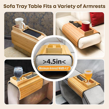 Abizarch Bamboo Sofa Armrest Tray Table - Foldable Couch Cup Holder,Anti-Slip Side Table Armrest Clip Tray, Multifunctional Couch Organizer, Drink Snack Remote Control Holder
