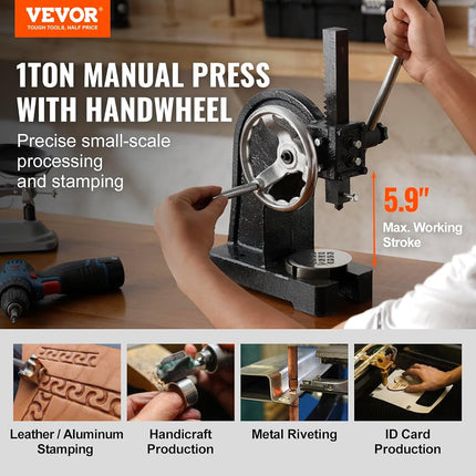 VEVOR Arbor Press, 1 Ton Manual Arbor Press with Handwheel, 15cm Maximum Height, Cast Iron Heavy-duty Manual Desktop Arbor Press, Precision Hand Press for Stamping, Bending, Stretching, Forming