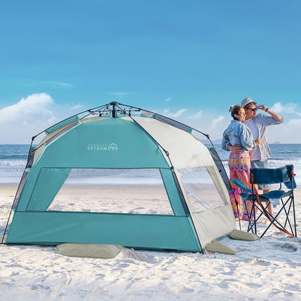 OutdoorMaster Pop Up Beach Tent for 4 Person - Easy Setup and Portable Beach Shade Sun Shelter Canopy with UPF 50+ UV Protection Removable Skylight Family Size - Cancun Seashore