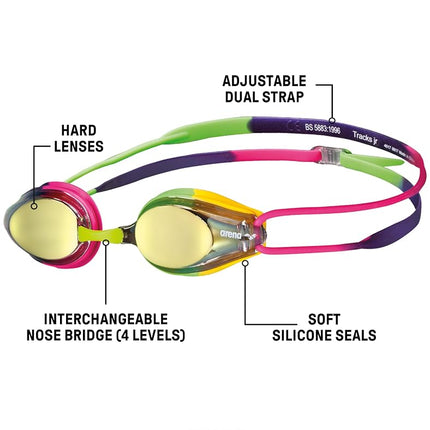 ARENA Unisex-Youth Swim Goggle Tracks Mirror, Violet/Fuchsia/Green, Junior