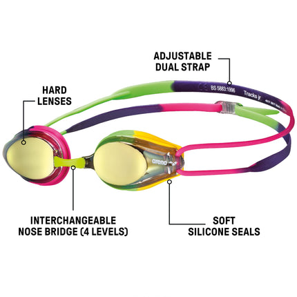 ARENA Unisex-Youth Swim Goggle Tracks Mirror, Violet/Fuchsia/Green, Junior