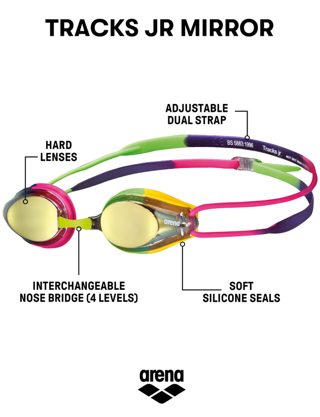 ARENA Unisex-Youth Swim Goggle Tracks Mirror, Violet/Fuchsia/Green, Junior