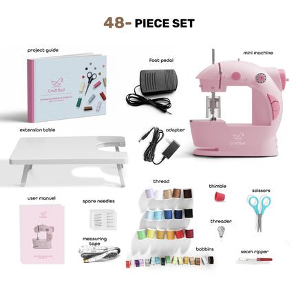 CraftBud Mini Sewing Machine for Beginners, Dual-Speed, Small Portable Sewing Machine for Children and Adults, with Extendable Table, 48-Piece Gift Set Includes Pedal, Project Book, Light and More