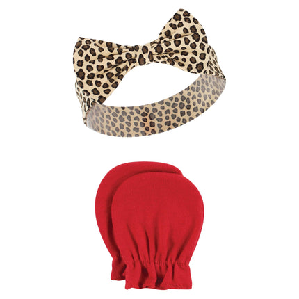 Hudson Baby Baby Girls' Cotton Headband and Scratch Mitten Set, Rose Leopard, 0-6 Months