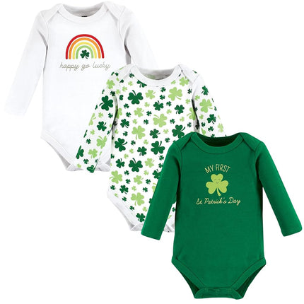 Hudson Baby Baby Girls Cotton Long-sleeve Bodysuits 3-pack, St Patricks Rainbow, 9-12 Months
