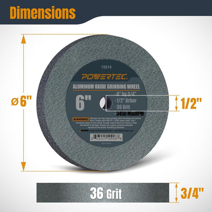 POWERTEC 15514 Aluminum Oxide Grinding Wheel 36 Grit, 6" x �" with 1/2" Arbor