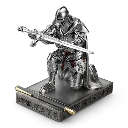 HDMbigmi King's Guard Leader Cloak Warrior Knight Pen Holder Mobile Phone Stand, Ornament Knight Statue, Pen Stand Paperweight with a Metal Sword Letter Opener for Office and Home (Silver)