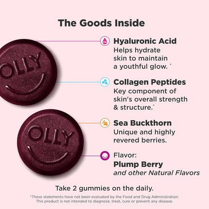 OLLY Glowing Skin Gummy, 25 Day Supply (50 Gummies), Plump Berry, Hyaluronic Acid, Collagen, Sea Buckthorn, Chewable Supplement (Packaging May Vary)