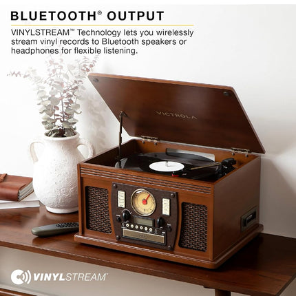 Victrola Navigator 8-in-1 Bluetooth Record Player with Built-in Speakers – 3 Speed, CD Player, Cassette, FM Radio, USB, RCA Out, Headphone Jack, Wireless Music Streaming, Real Wood (Walnut)