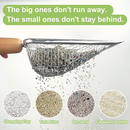 Cat Litter Scoop with Holder – Metal Mesh Litter Scooper, Wooden Handle Fine Litter Scoop with Small Holes for Litter Box, Efficient Sifting and Easy Cleaning